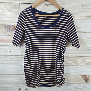 Motherhood Maternity Shirt LG Fitted Round Neck‎ Short Sleeve Navy Gold Striped